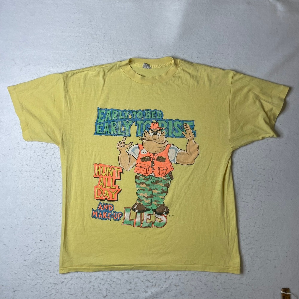 SSI Early To Bed Early‎ To Rise Hunt All Day T-Shirt Mens XL Yellow Vintage 90s